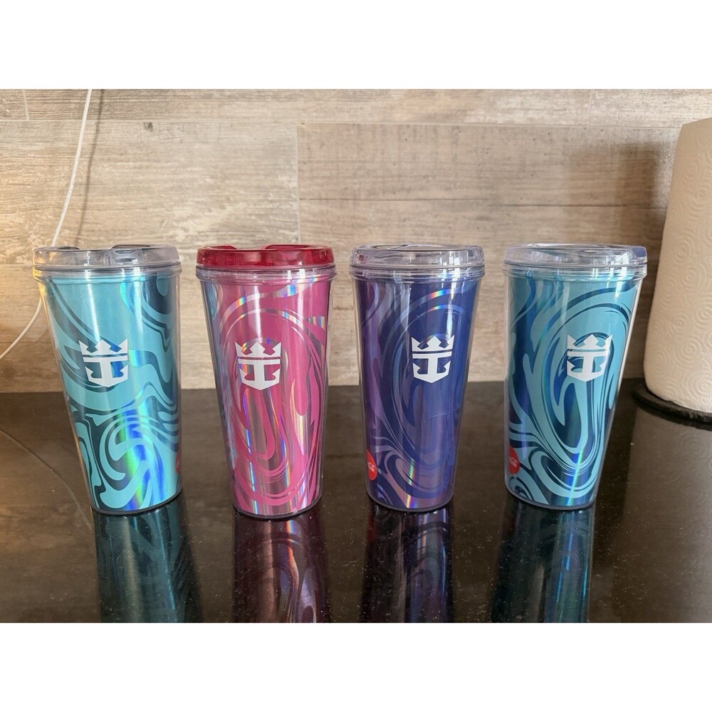 (4) Royal Caribbean Cruise Drink Beverage Package Cups Tumblers Purple Pink Blue